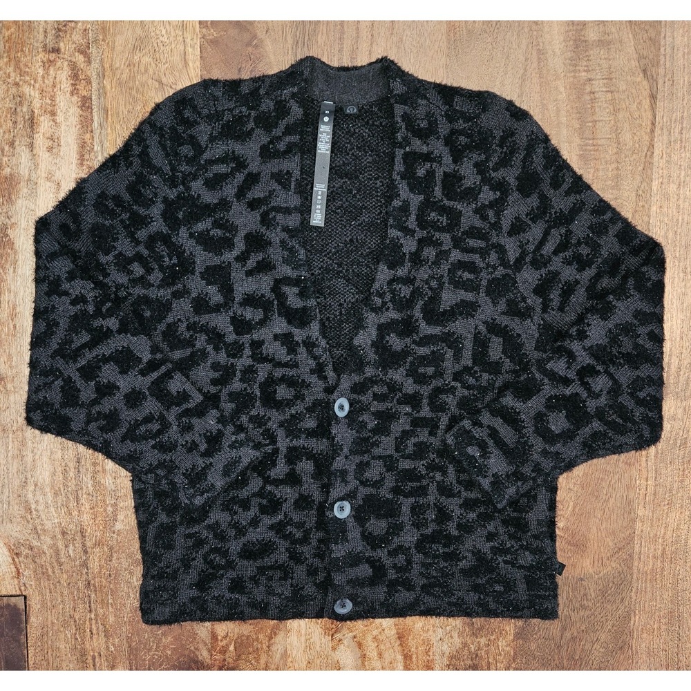 Lululemon Jacquard Cardigan Knit Sweater XS Grey Black Leopard Wool Oversized